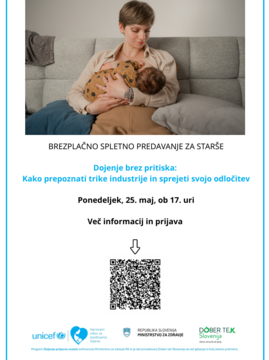 Brezplačno spletno izobraževanje za starše o dojenju 25.5.2026 ob 17:00
