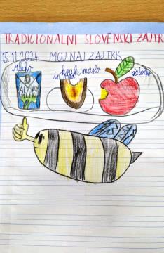 Tradicionalni zajtrk na OŠ in vrtcu Kotlje ob učnem čebelnjaku